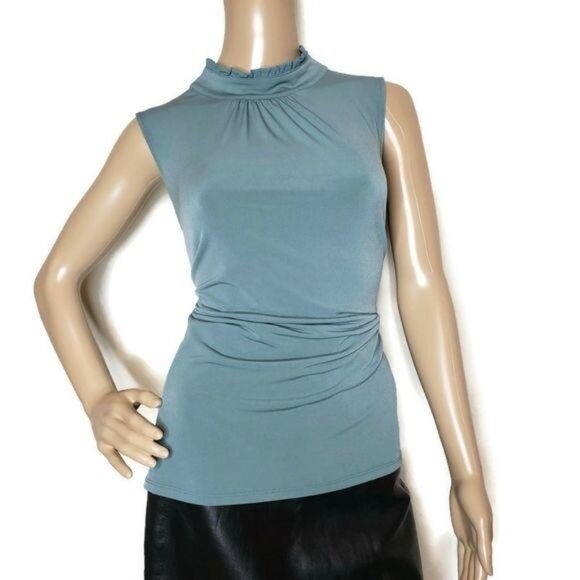 Karl Lagerfeld Paris NWT Womens Blue Sleeveless High-Neck Ruched Blouse L - Picture 4 of 10